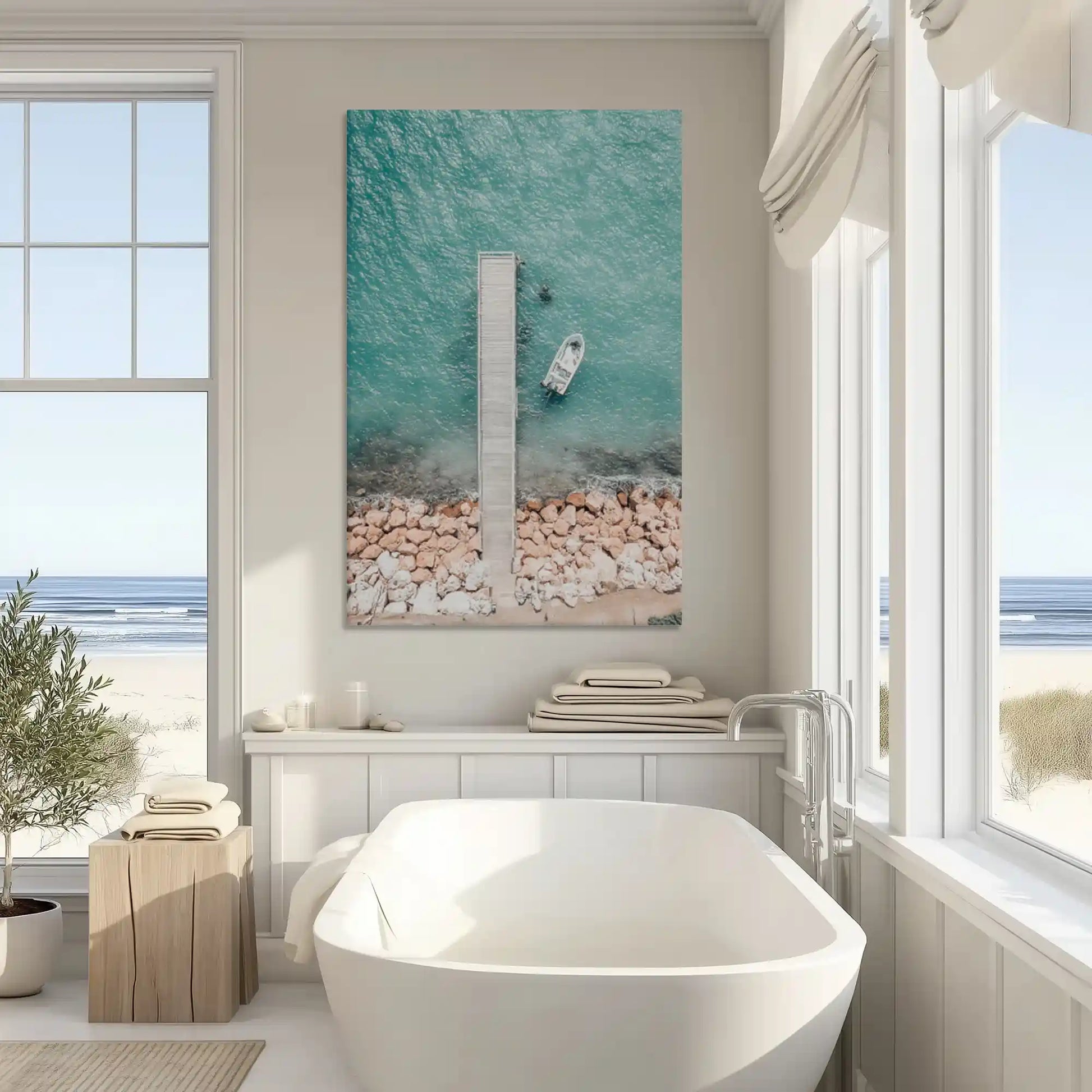 Dock into turquoise sea canvas art adding refreshing coastal serenity to contemporary interiors