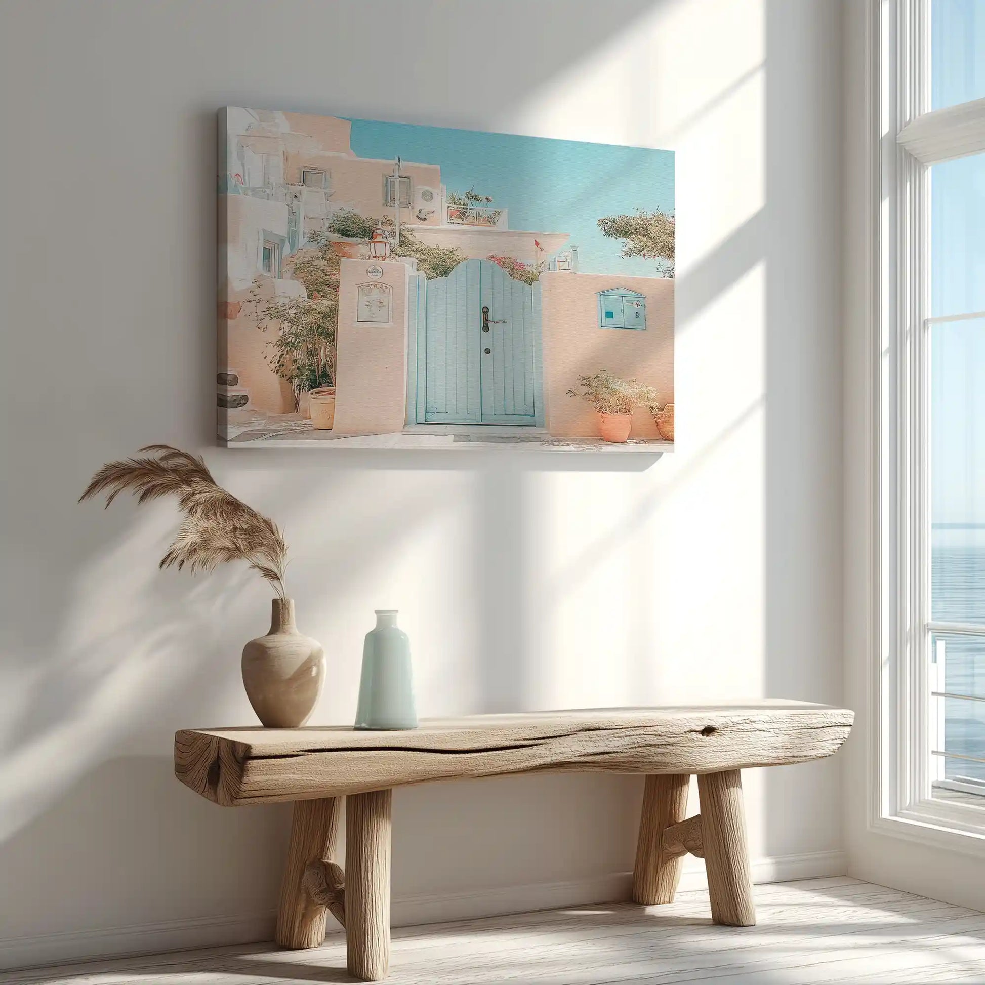 Mediterranean coastal wall art canvas with turquoise doors and rustic stone textures