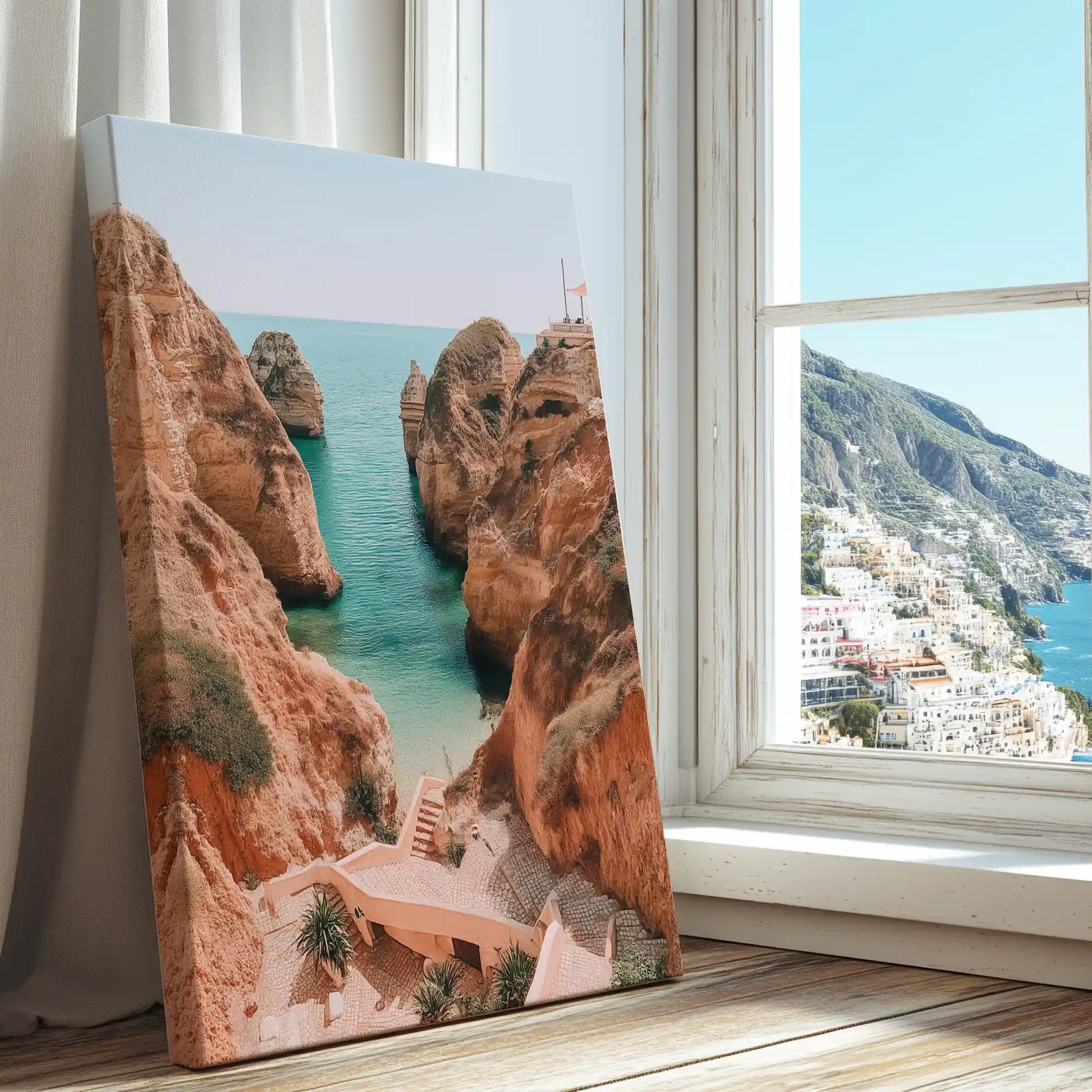 Rocky coastal cliffs captured in a scenic canvas print with natural minimalist style
