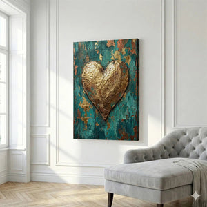 Rustic canvas wall art with a large metallic gold heart over a weathered teal and copper layered backdrop.