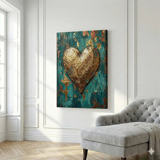 Rustic canvas wall art with a large metallic gold heart over a weathered teal and copper layered backdrop.