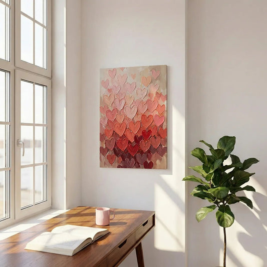 Romantic canvas wall art with a dense cluster of overlapping hearts in warm gradient shades and a stylized oil texture.