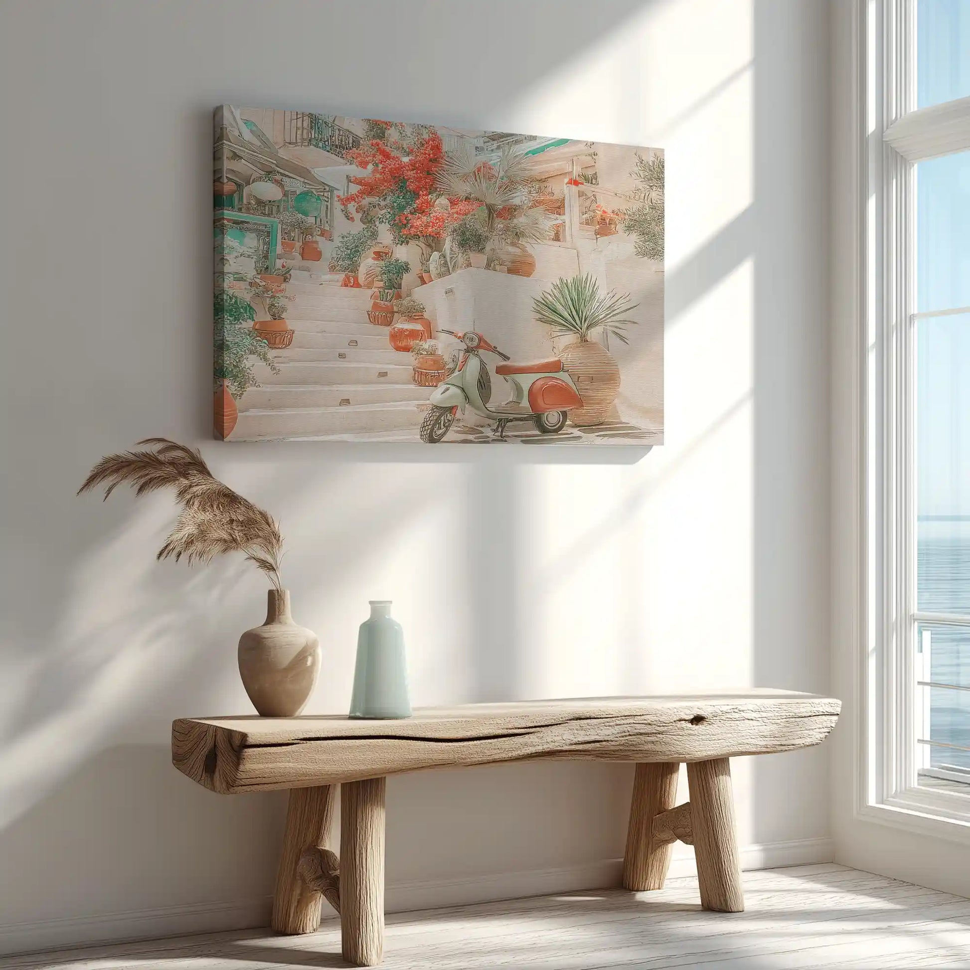 Charming village painting captured in canvas art with Mediterranean floral style
