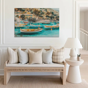 Large harbor view canvas print perfect for above sofa placement in airy spaces