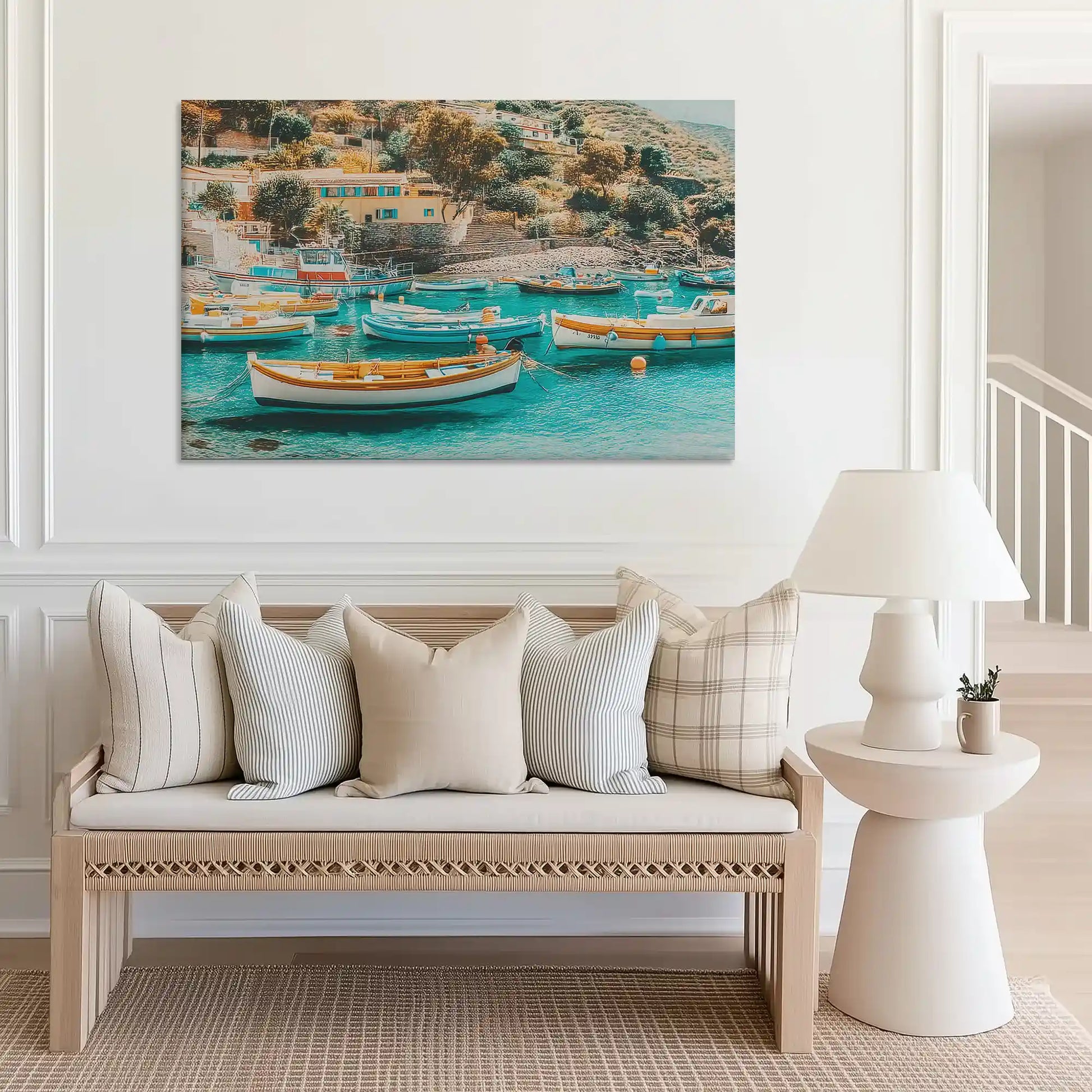 Large harbor view canvas print perfect for above sofa placement in airy spaces