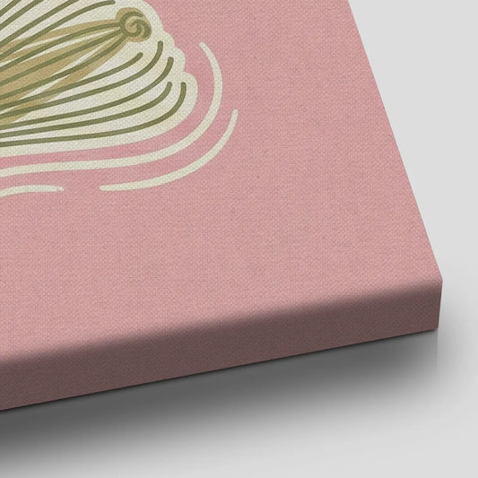 Minimalist canvas wall art with centered pastel text and a small matcha whisk graphic on a cream background