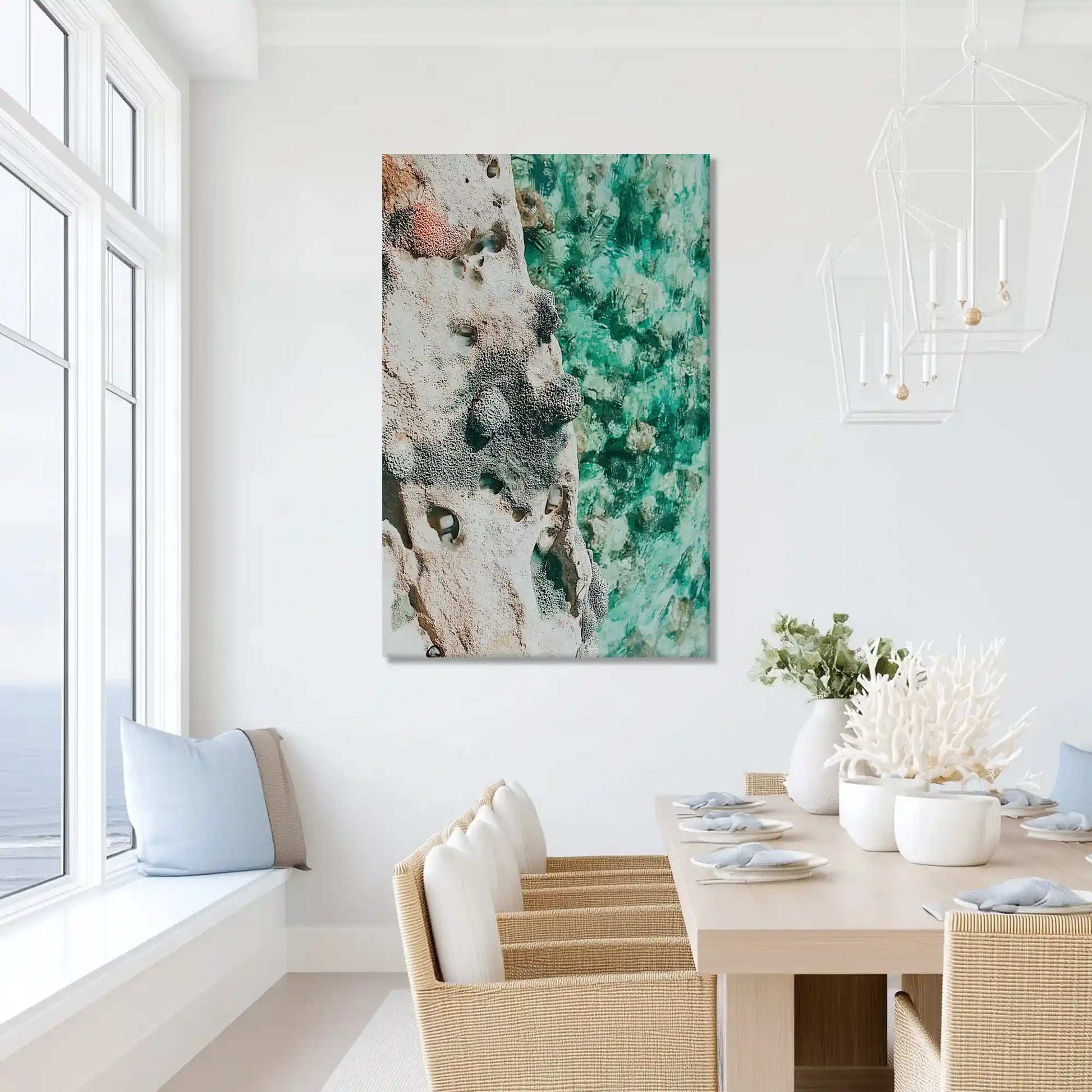 Abstract rocky coast painting with green hues, ideal for modern dining room design
