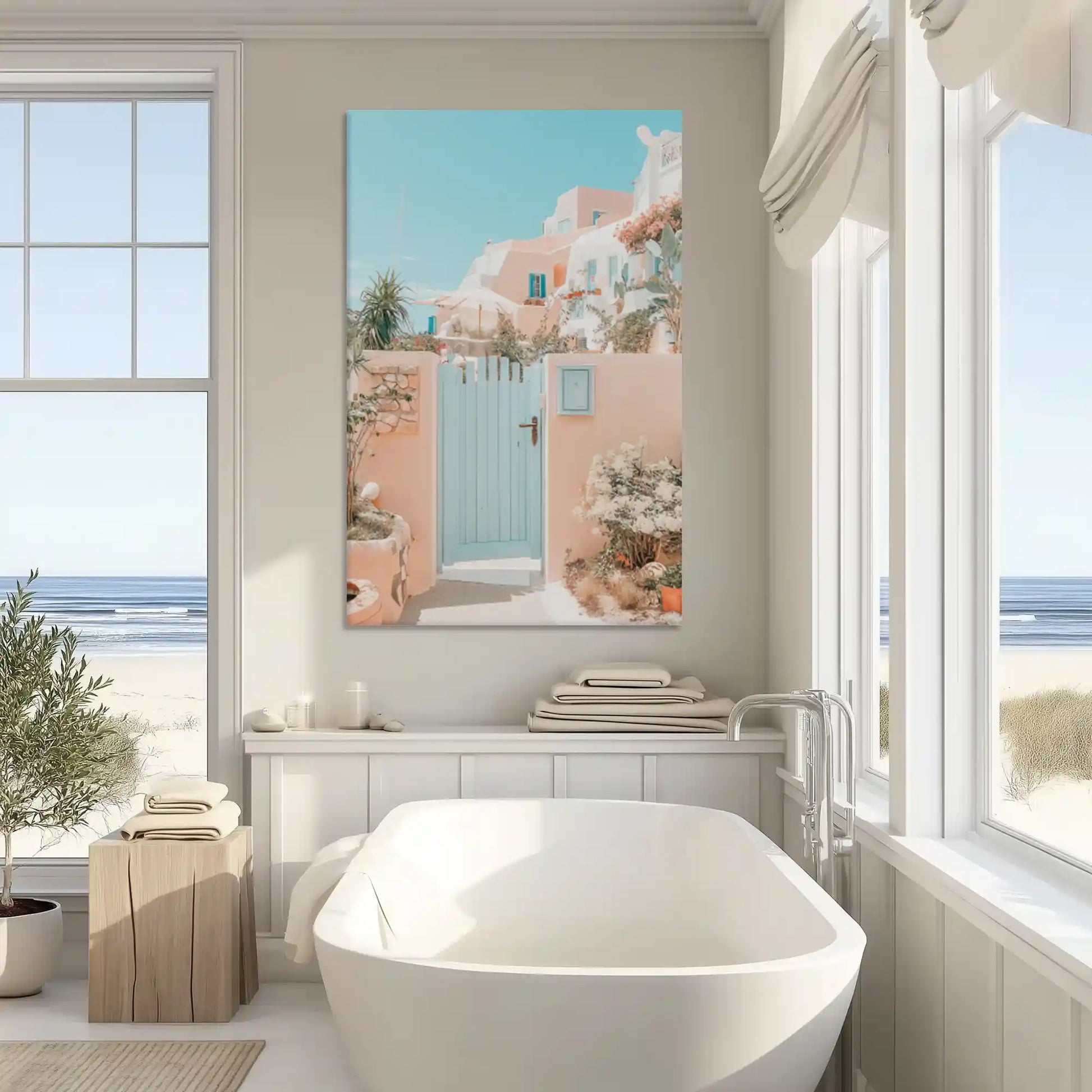 Neutral pastel village canvas art enhancing modern wall decor with warm coastal tones