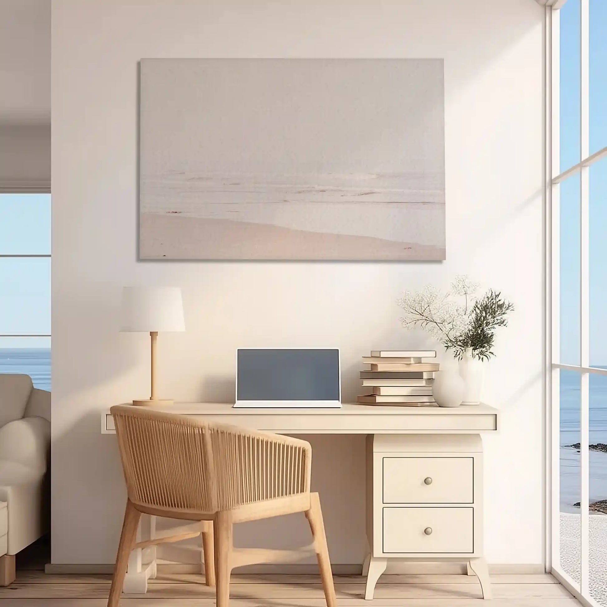 Oversized beach horizon canvas print styled as modern coastal wall decor for homes