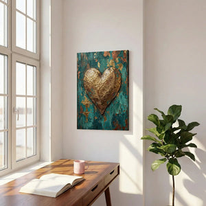 Abstract canvas artwork displaying a textured gold heart on a vertically aligned, weathered background with metallic accents.