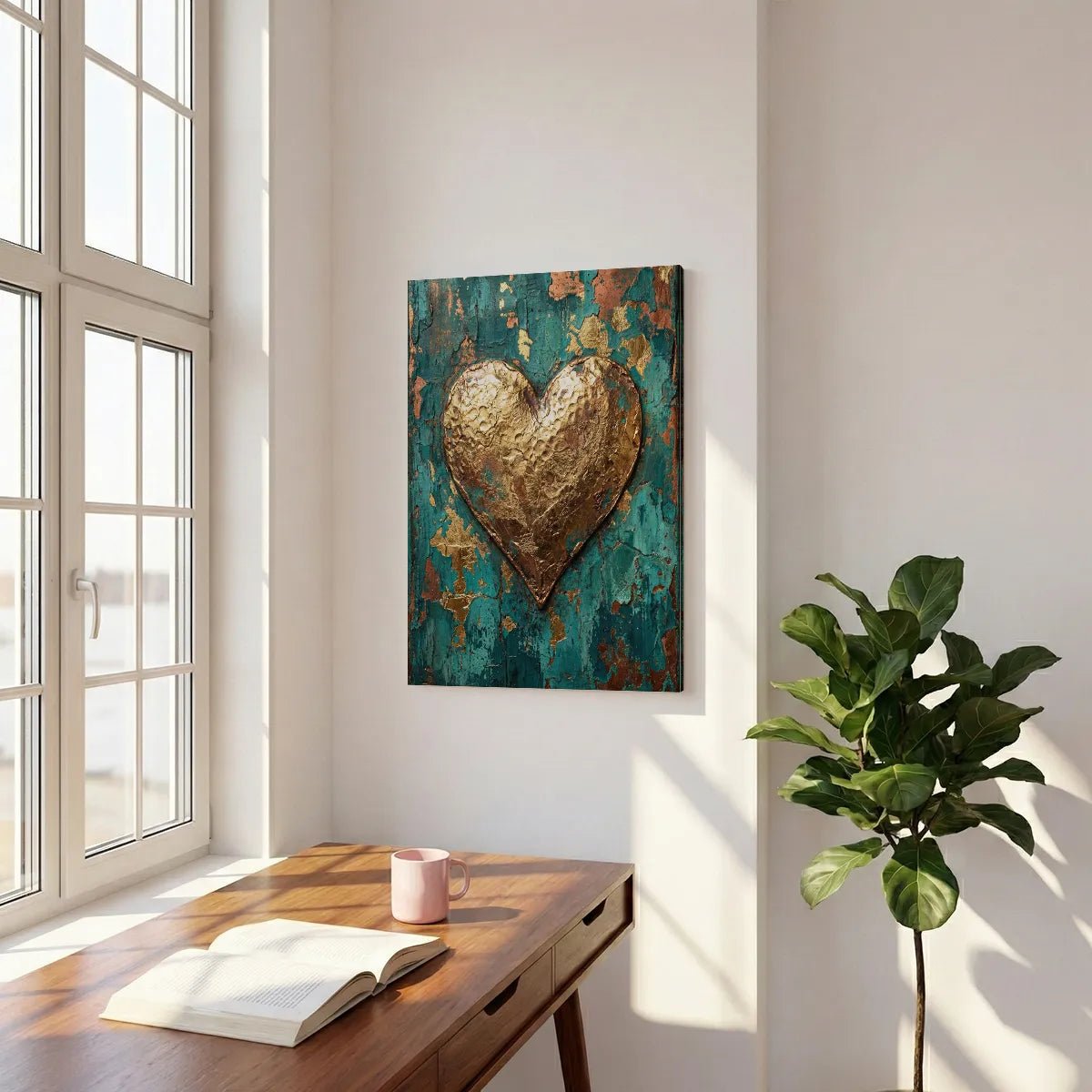 Abstract canvas artwork displaying a textured gold heart on a vertically aligned, weathered background with metallic accents.
