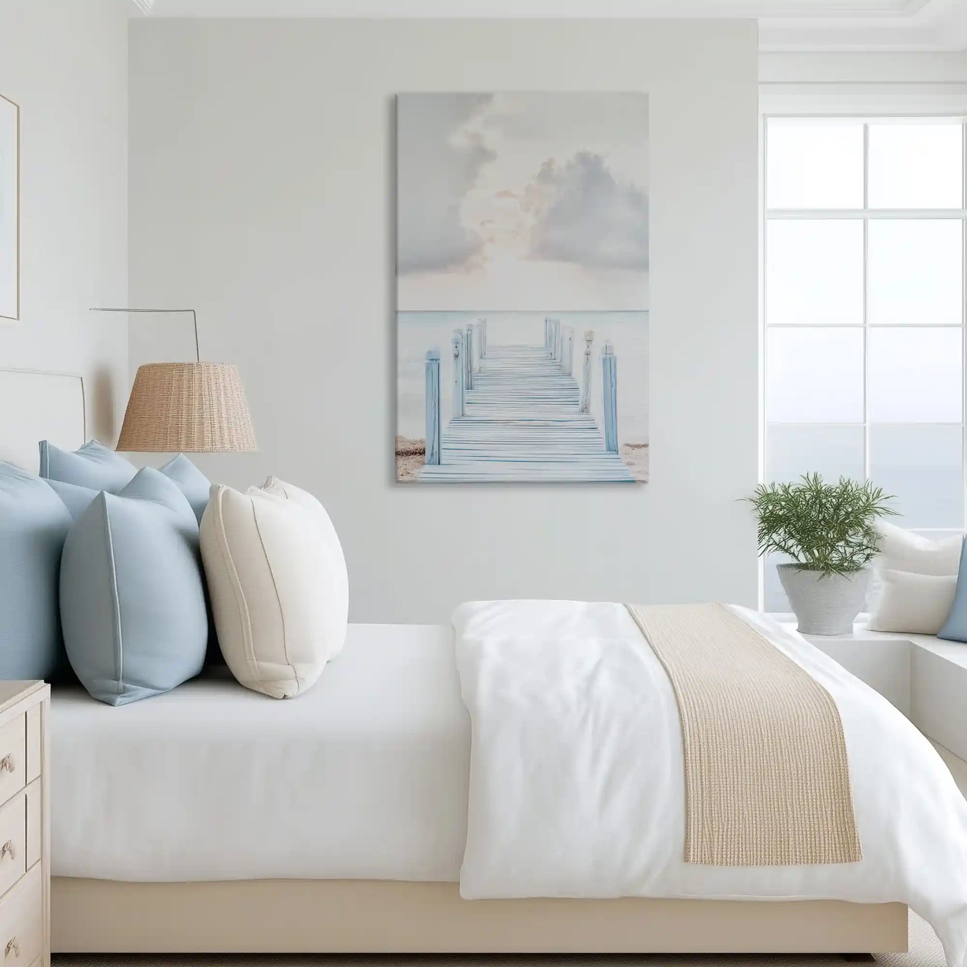 Peaceful ocean dock canvas art complementing Scandinavian interior style