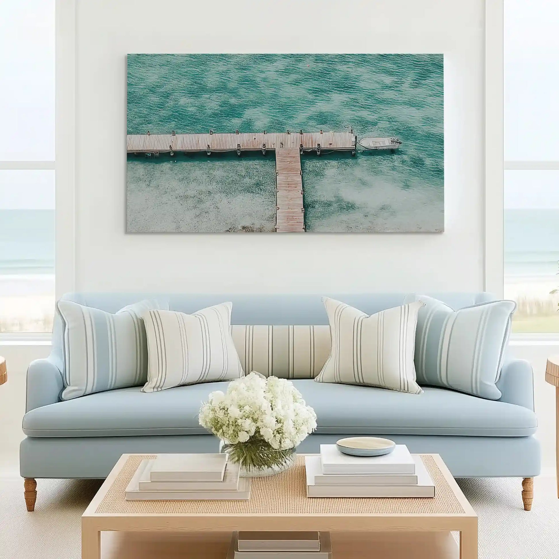Tranquil turquoise sea painting complementing beach house wall decor style
