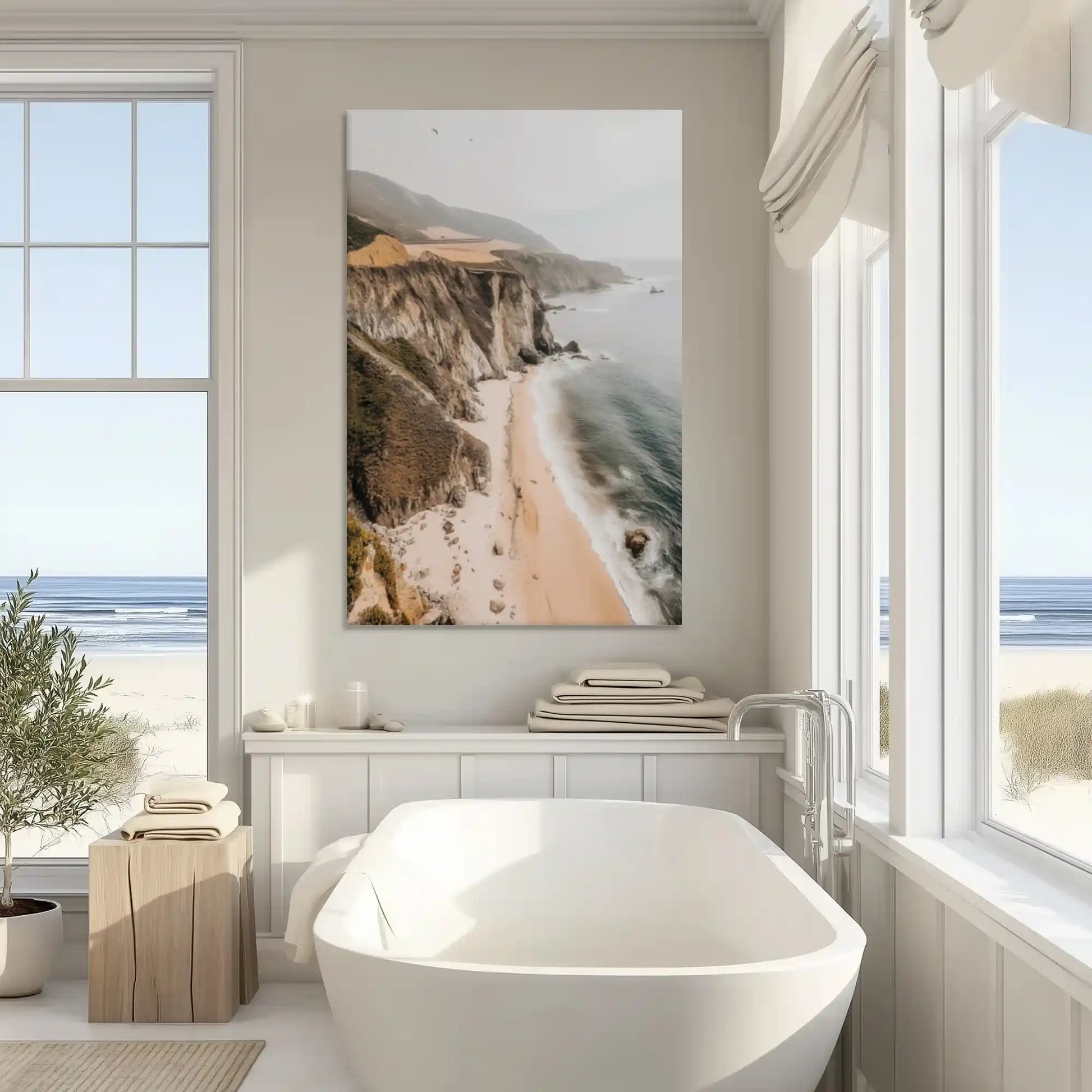 Serene cliffside beach painting enriching modern wall decor settings