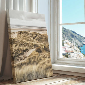 Rolling coastal grassland captured in a nature canvas print with minimalist contemporary style