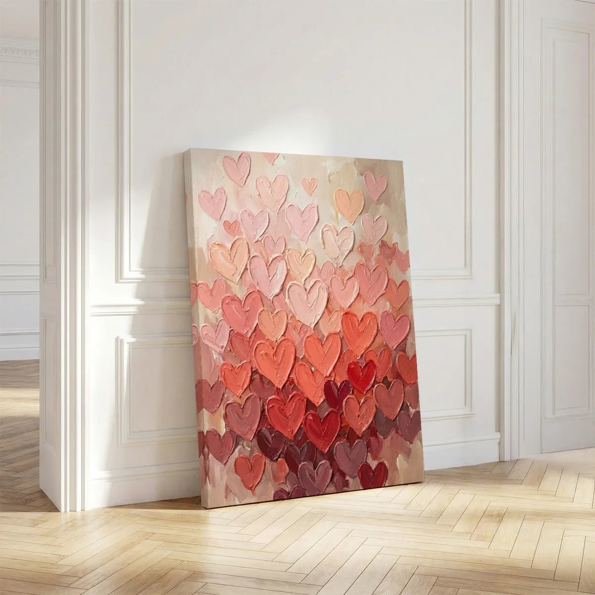 Modern canvas art showcasing a vibrant heart-themed composition with bold, textured strokes and a warm-toned palette.