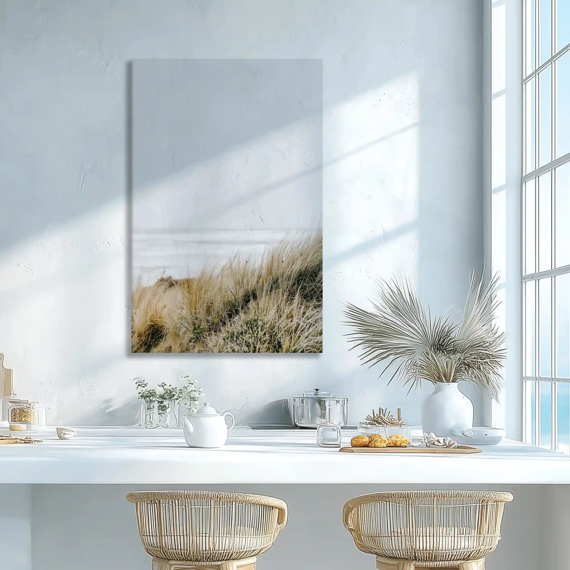 Muted coastal grass wall decor adding light to dining room design