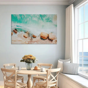 Beach waves crashing gently on rocky shoreline coastal canvas for living room