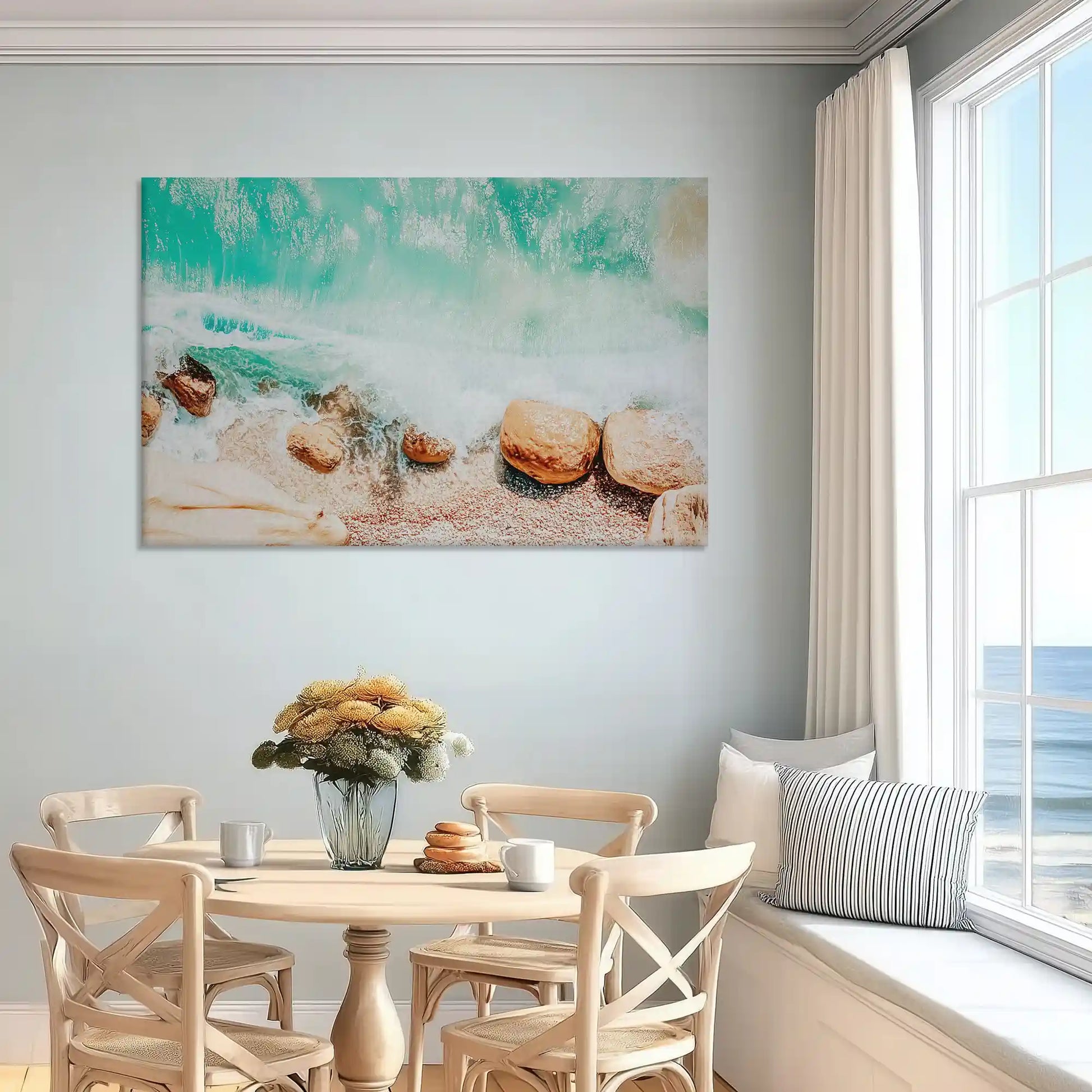 Beach waves crashing gently on rocky shoreline coastal canvas for living room
