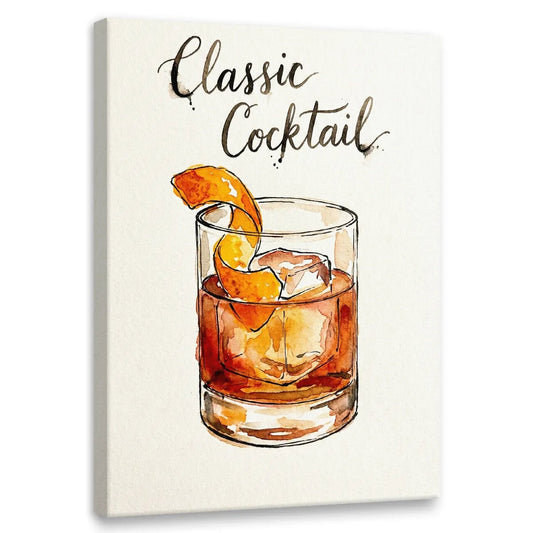 Watercolor canvas wall art featuring a centered cocktail glass with amber liquid, ice cubes, and an orange peel on a white background