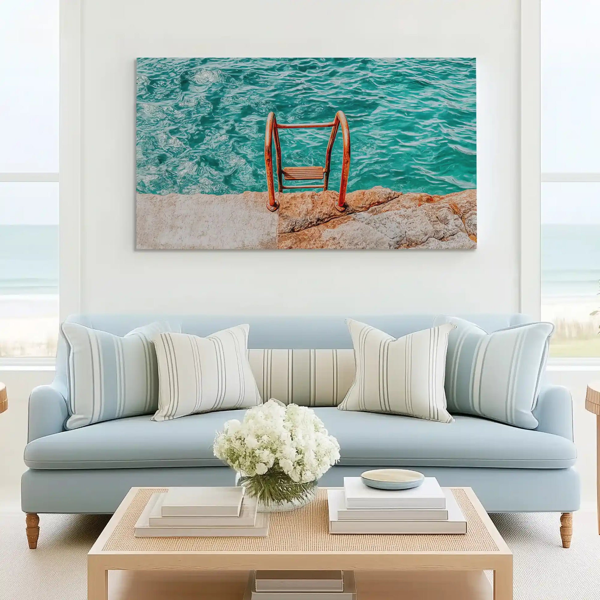 Turquoise sea canvas wall art complementing modern coastal-inspired interiors