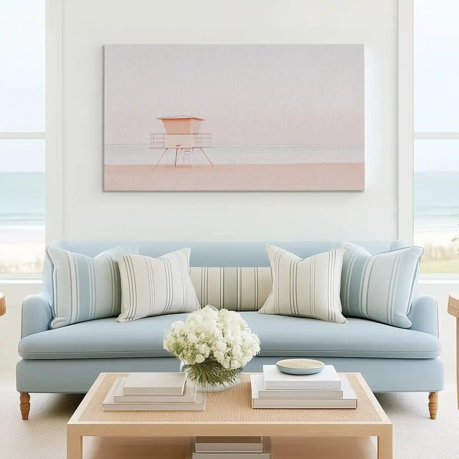 Tranquil beach tower canvas wall art complementing Scandinavian-inspired décor