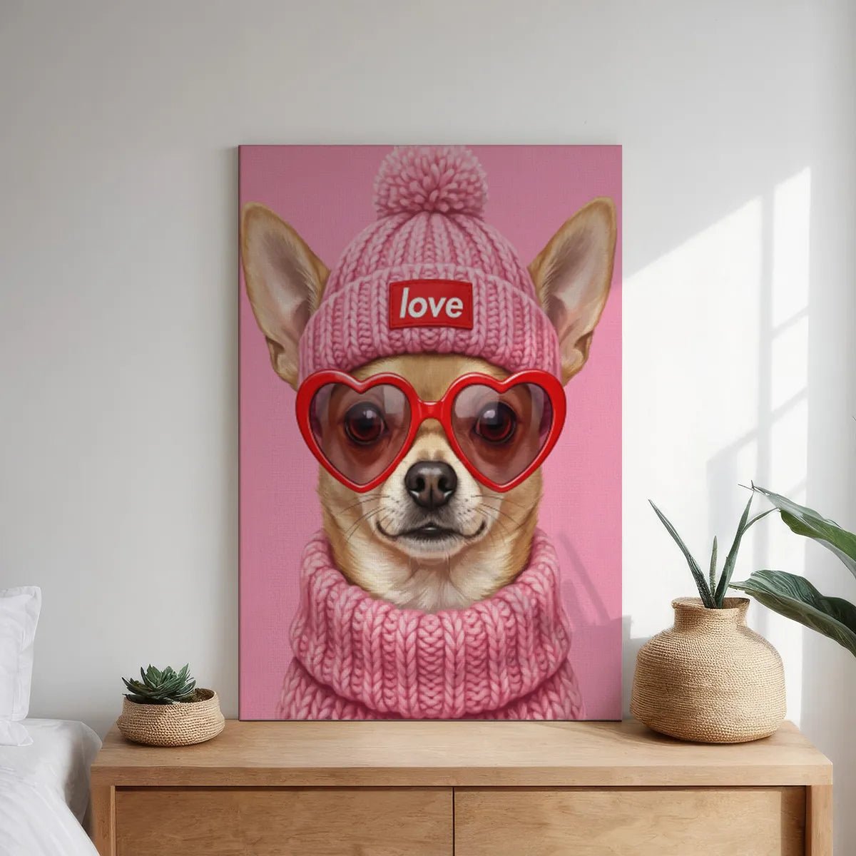 Canvas wall art print capturing a cheerful chihuahua in heart sunglasses and a pink sweater, perfect for casual decor settings