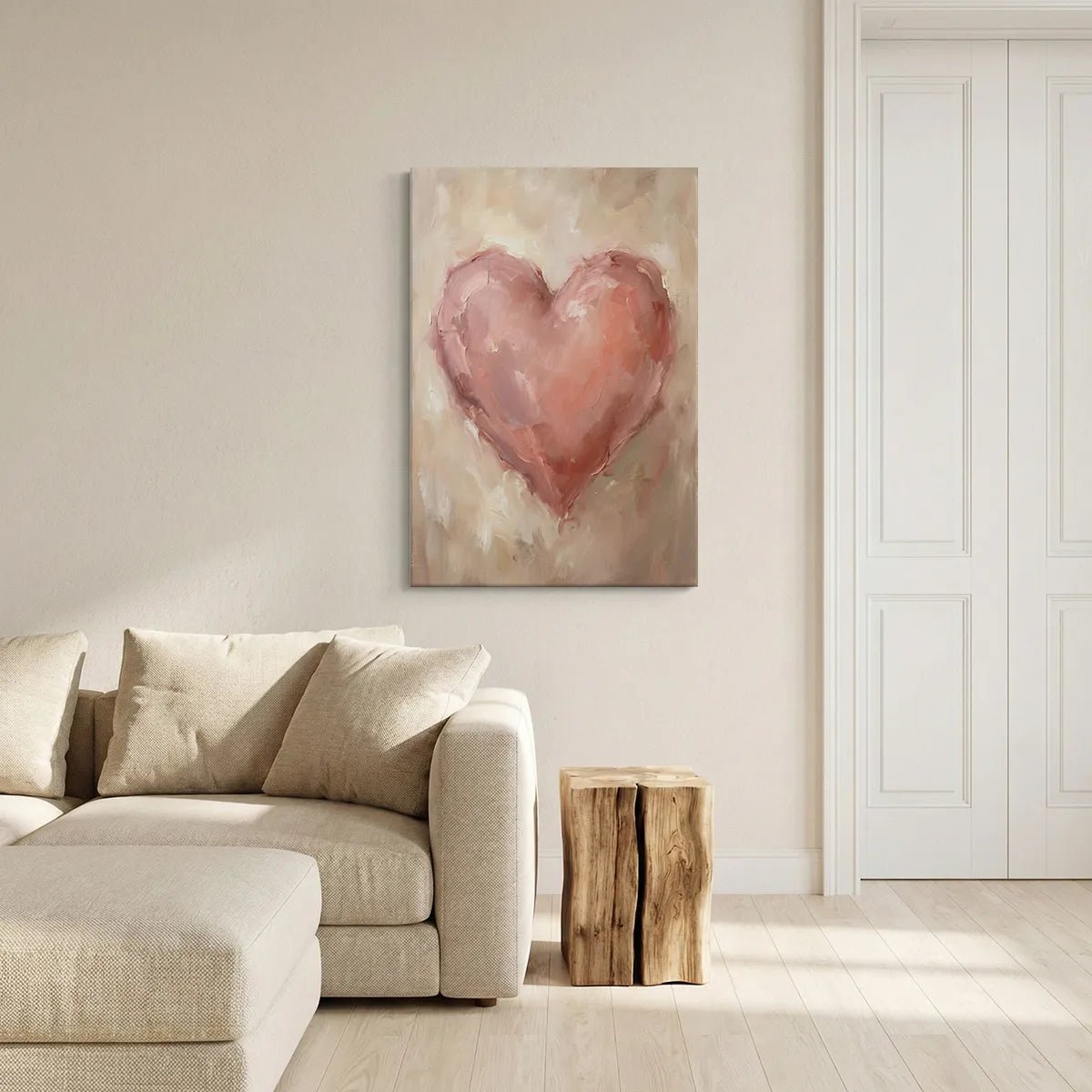 Heart-themed canvas artwork rendered in a romantic impressionist style with blended pink and beige tones.