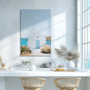Blue door chapel wall decor by the sea, ideal for creating a calming coastal interior aesthetic