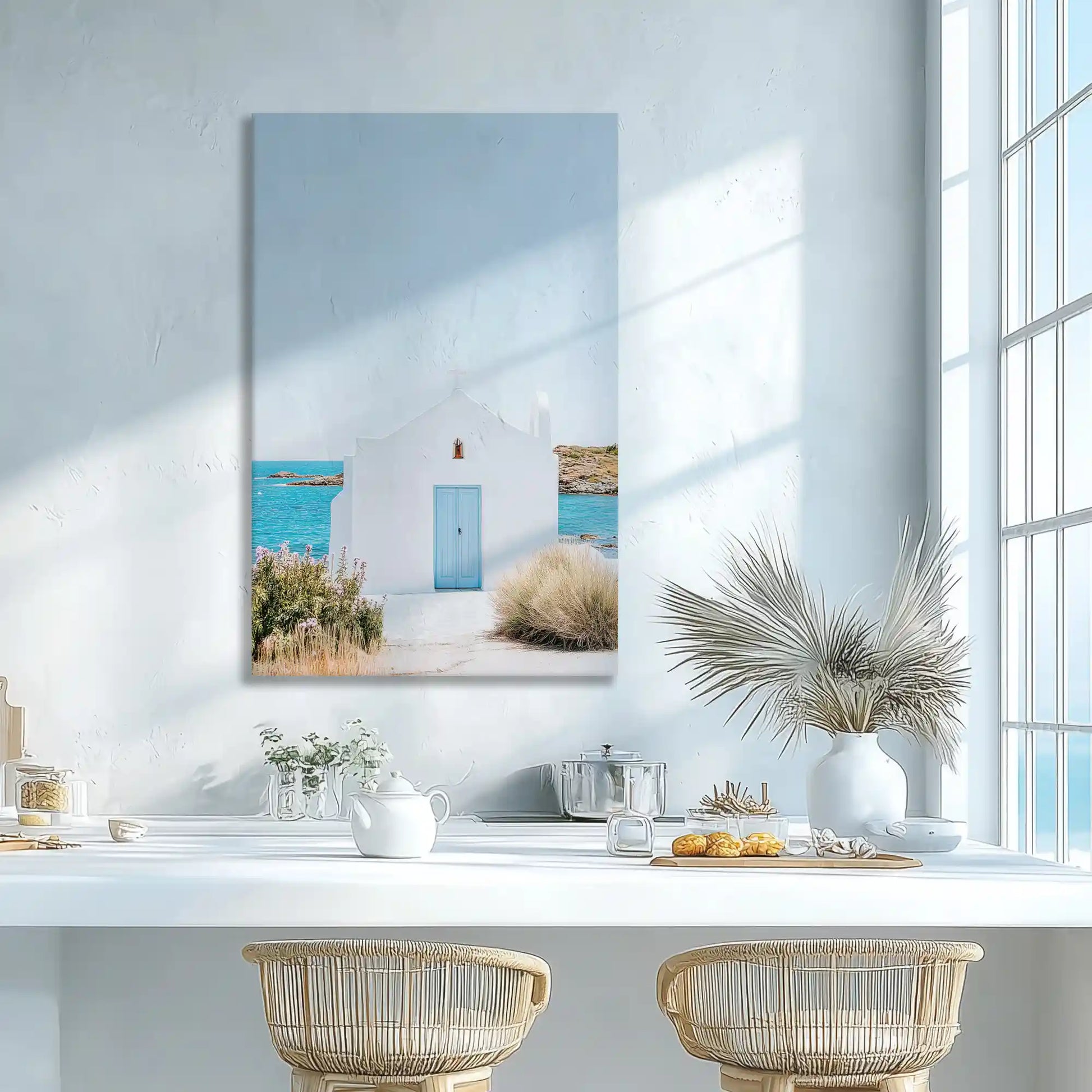 Blue door chapel wall decor by the sea, ideal for creating a calming coastal interior aesthetic