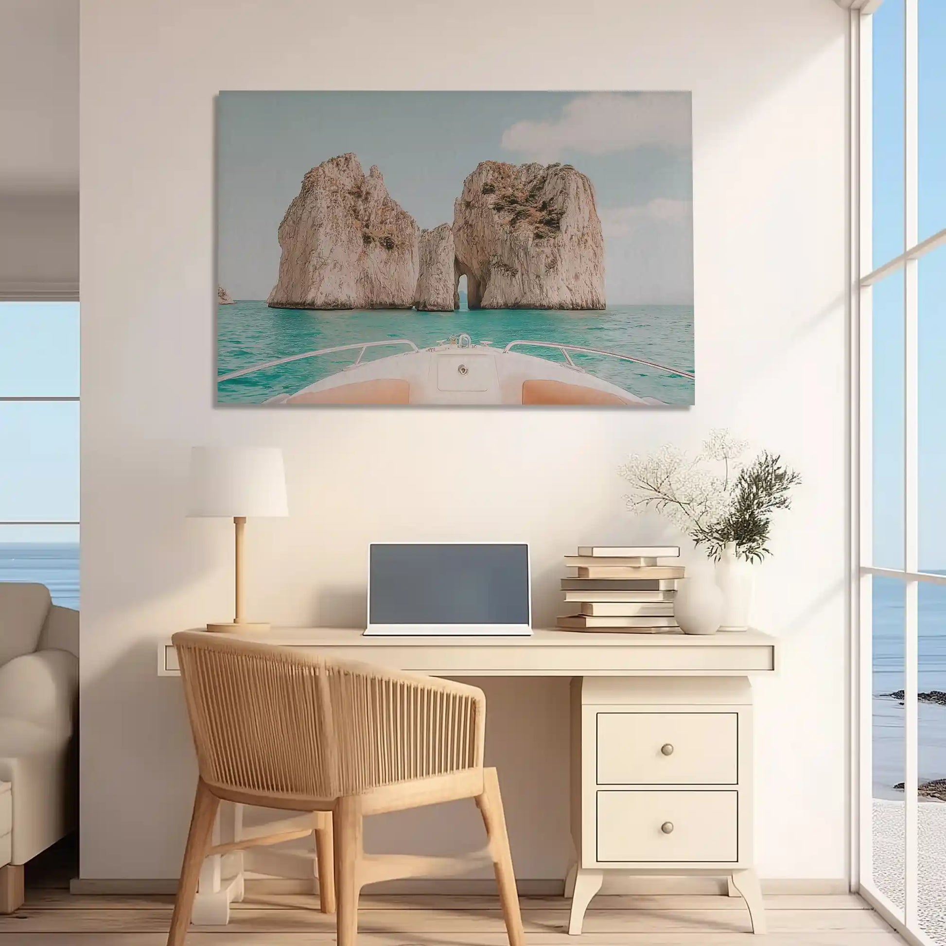 Contemporary coastal canvas print featuring boat view of turquoise waters and cliffs