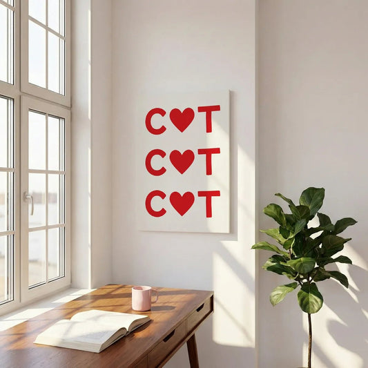 Bold canvas wall art with minimalist red and white design showing C♥T repeated in a playful pop art style