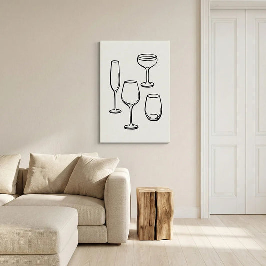 Clean black and white canvas wall art showing four distinct drinkware outlines in a centered, modern composition.
