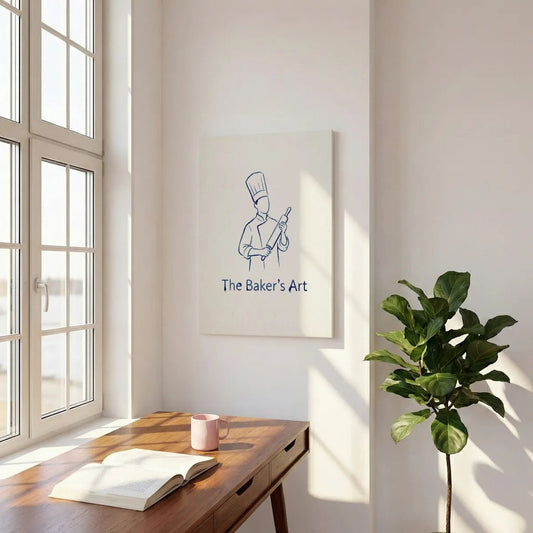 Clean-lined canvas wall art of a faceless baker in uniform with a rolling pin, centered on a neutral background.