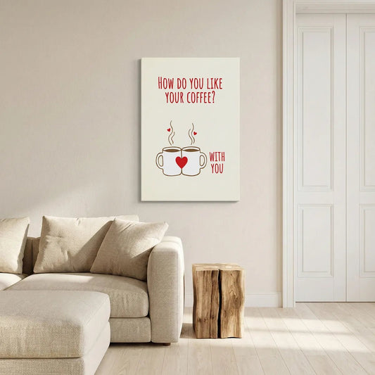 Cartoon-style canvas wall art showing two coffee mugs with a red heart and playful steam hearts, paired with romantic typography.