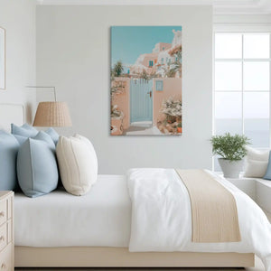 Tranquil coastal doorway canvas art complementing airy Mediterranean-inspired decor