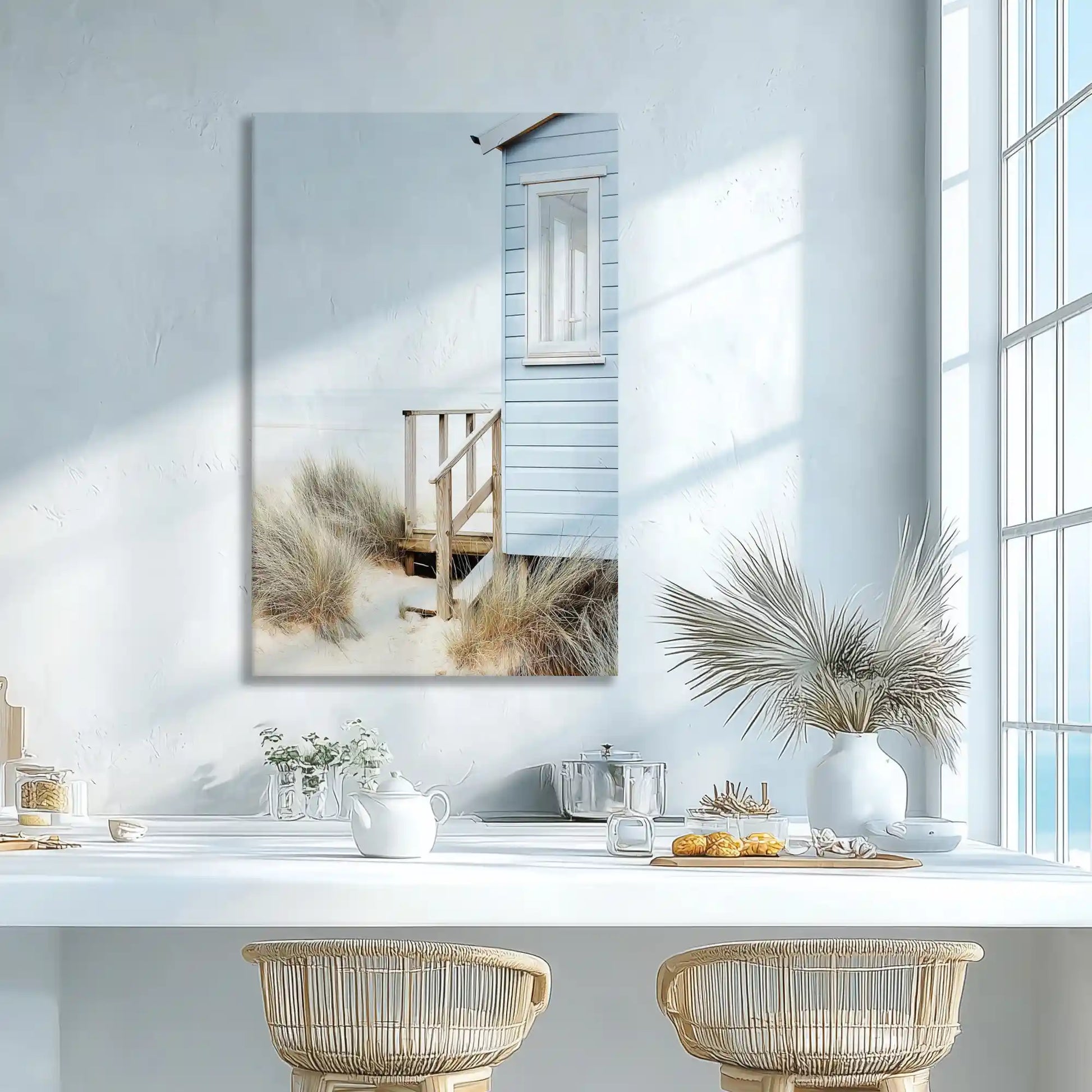Soft neutral dune and cabin canvas print adding gentle coastal elegance to wall decor