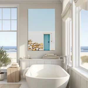 Extra large blue door canvas wall art showcasing Mediterranean charm for bright interiors