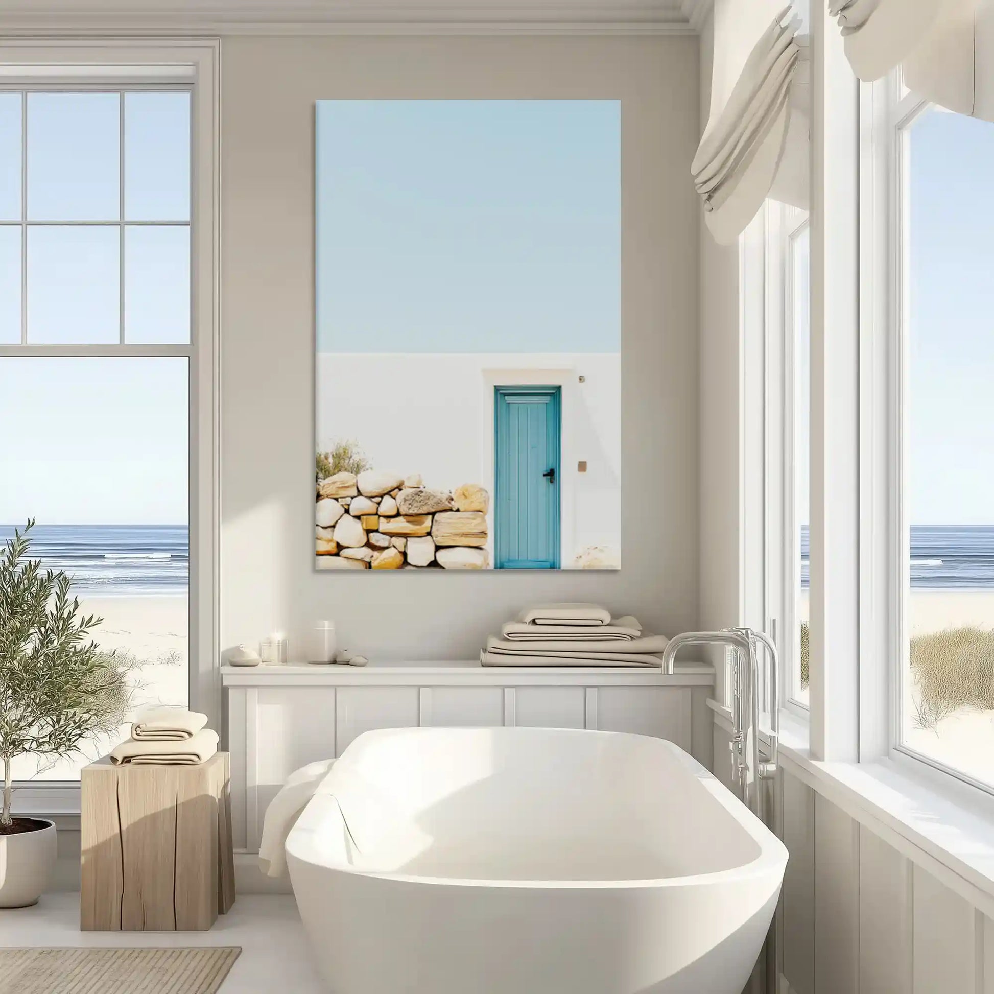 Extra large blue door canvas wall art showcasing Mediterranean charm for bright interiors