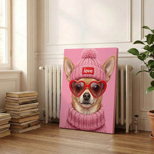 Fine art canvas portraying a photorealistic chihuahua with bold pop art elements, wearing heart sunglasses and a pink hat