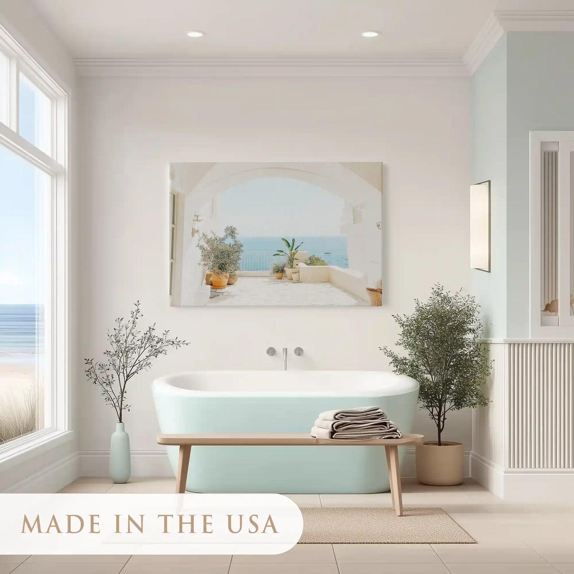 Peaceful Mediterranean terrace painting adding coastal charm to contemporary interiors