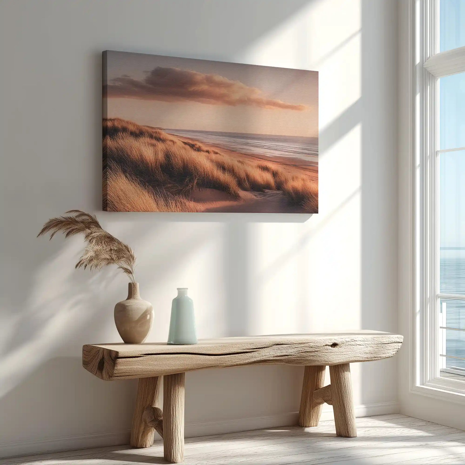 Golden seagrass painting captured in canvas art with a tranquil coastal style