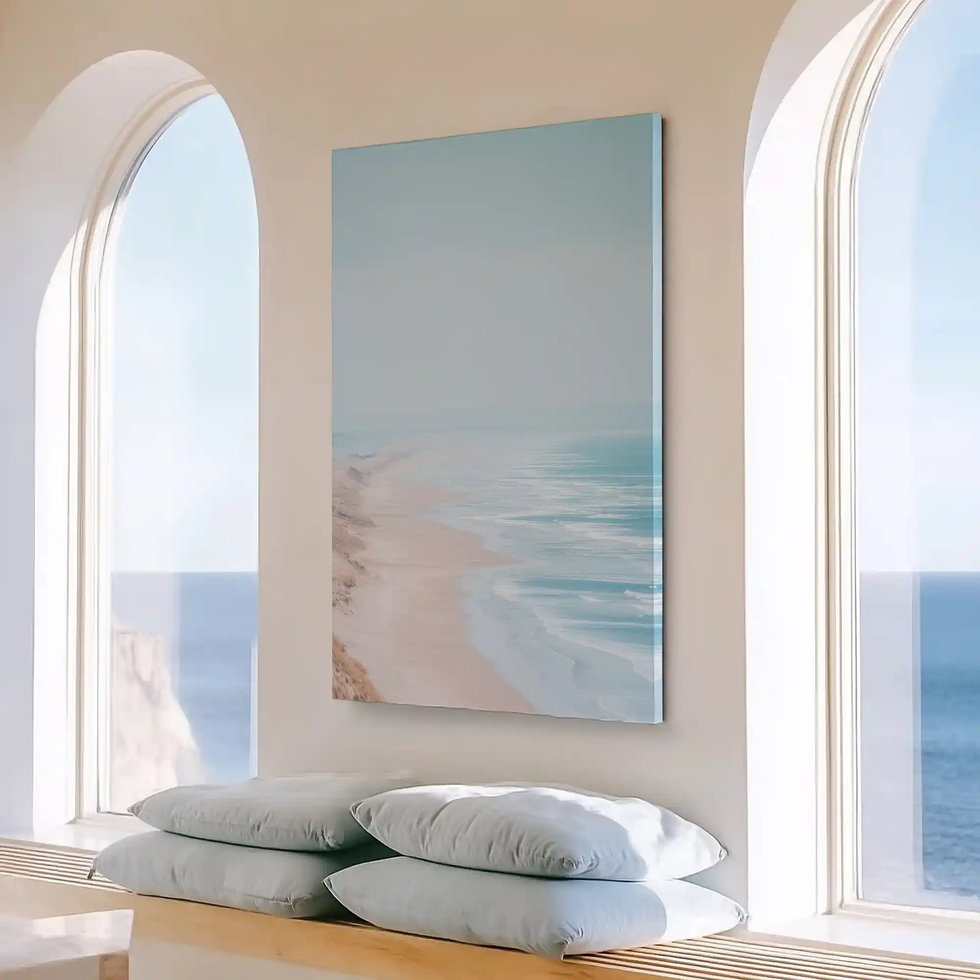 Large pastel shoreline painting perfect for above the sofa placement