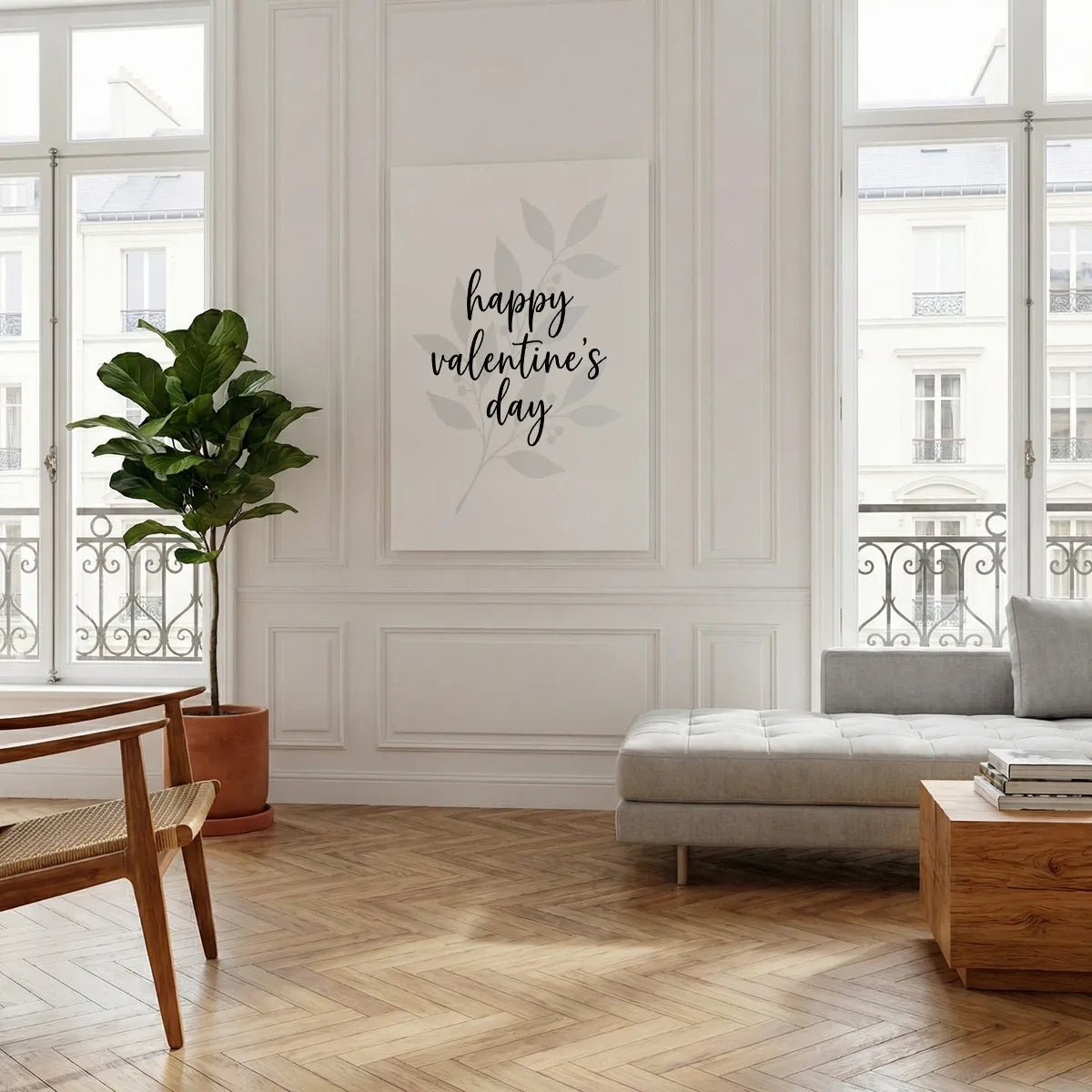 Vertical canvas art with centered 'happy valentine’s day' text and a neutral botanical illustration on white background