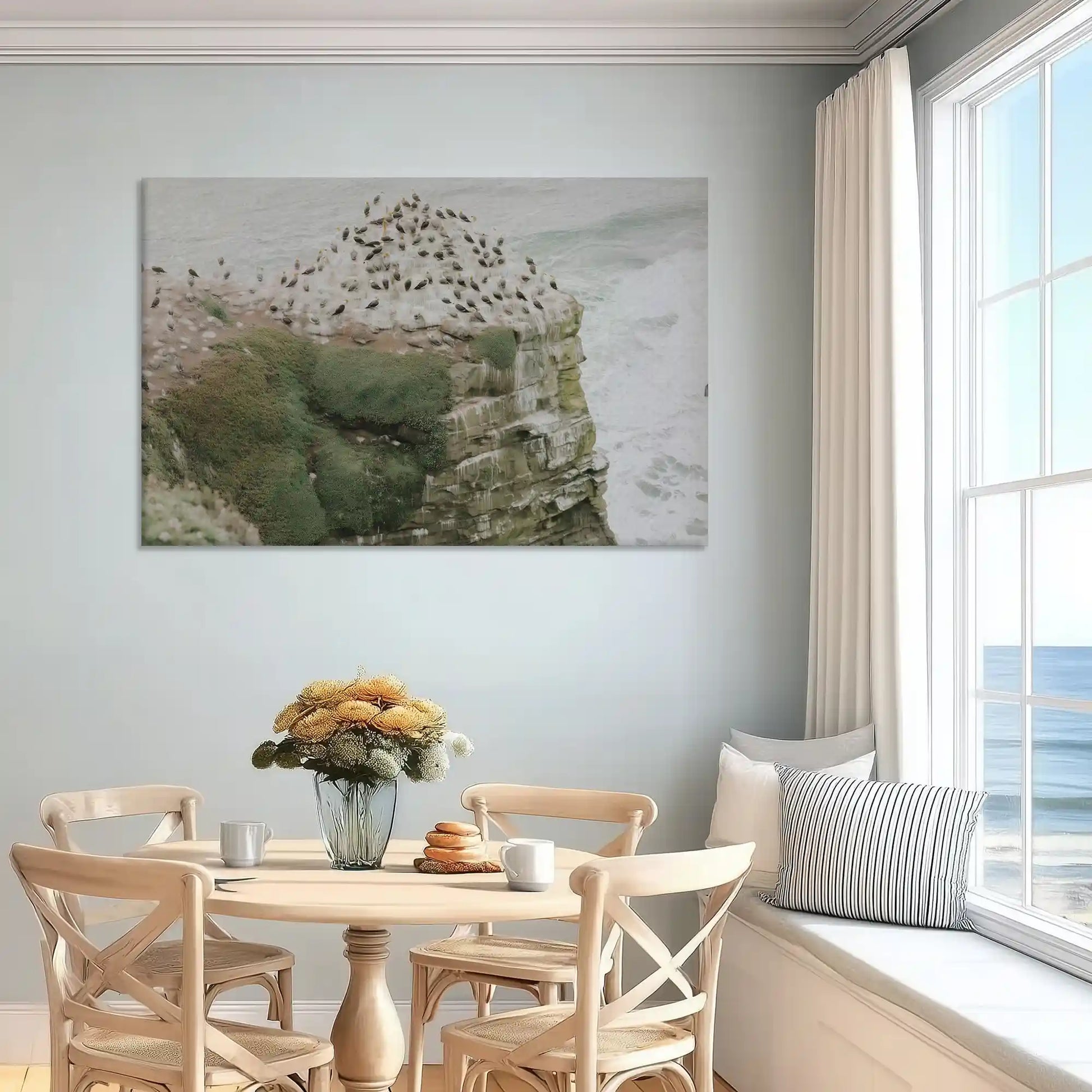 Seascape canvas wall art showing seaside cliffs and birds, perfect for modern coastal interiors