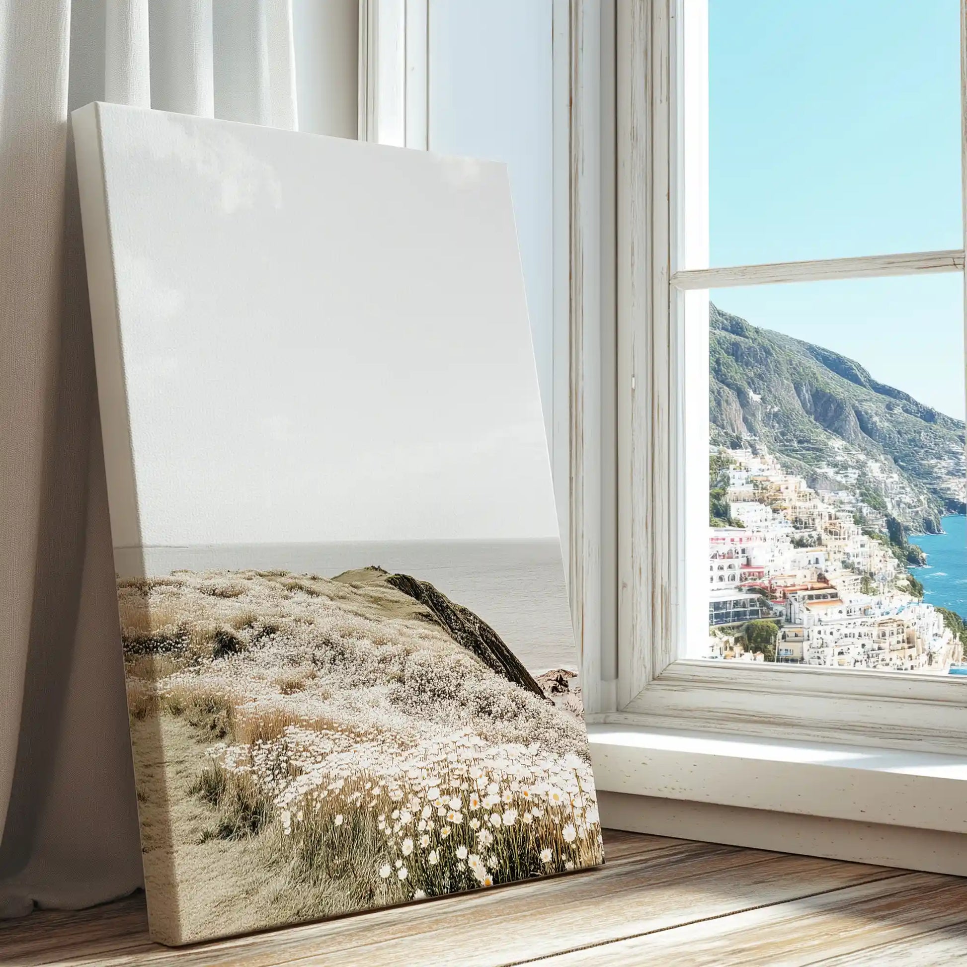 Coastal wildflowers and sea captured in a canvas print with natural style