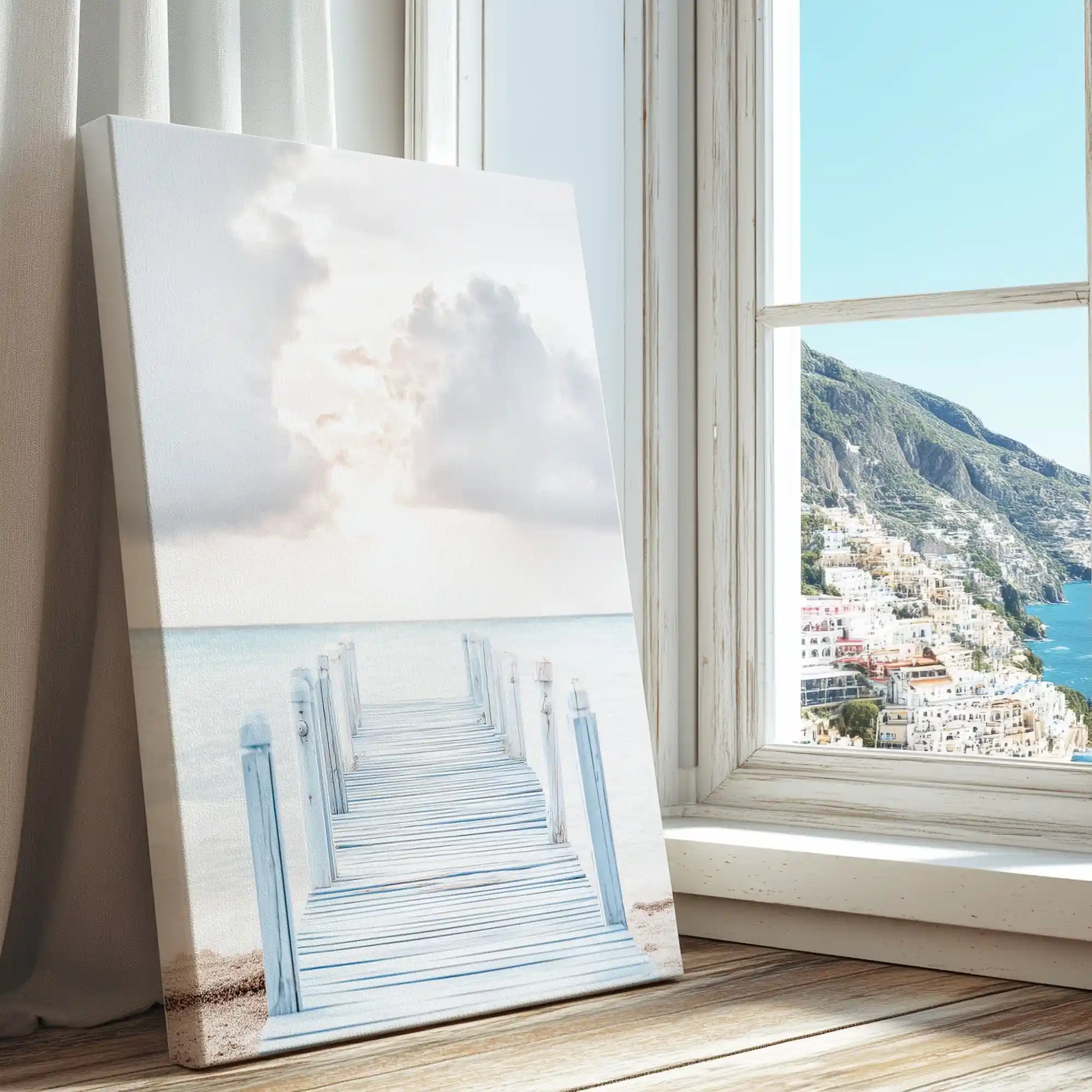 Tranquil boardwalk scene captured in canvas print with light coastal style