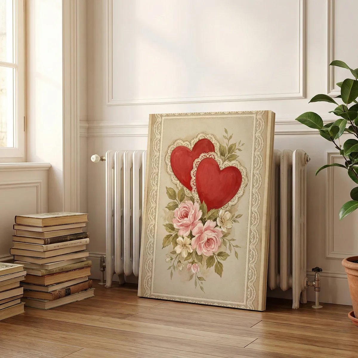 Gallery wrapped canvas with ornate floral and heart elements in a soft pastel palette, styled for nostalgic and feminine spaces.