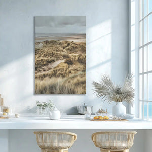 Soft beige coastal dunes wall decor creating a serene bathroom retreat