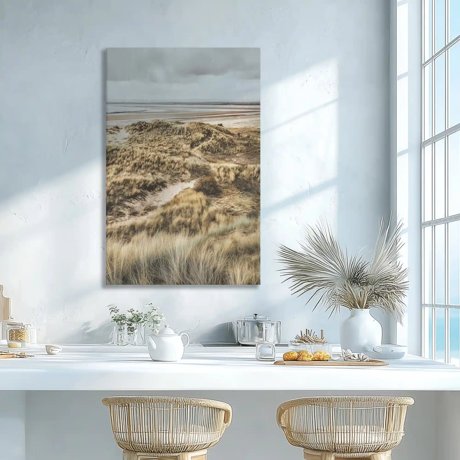 Soft beige coastal dunes wall decor creating a serene bathroom retreat